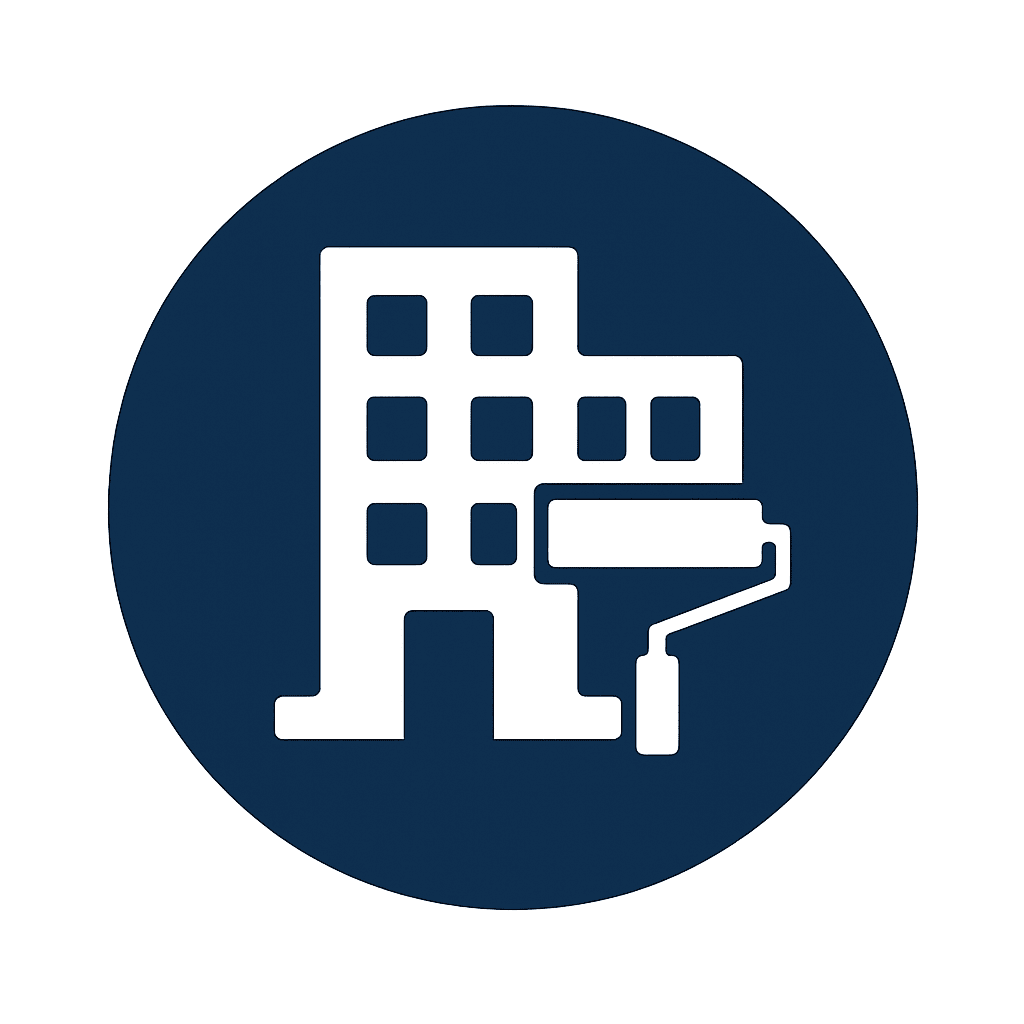 White paint roller inside office building icon for commercial painting services