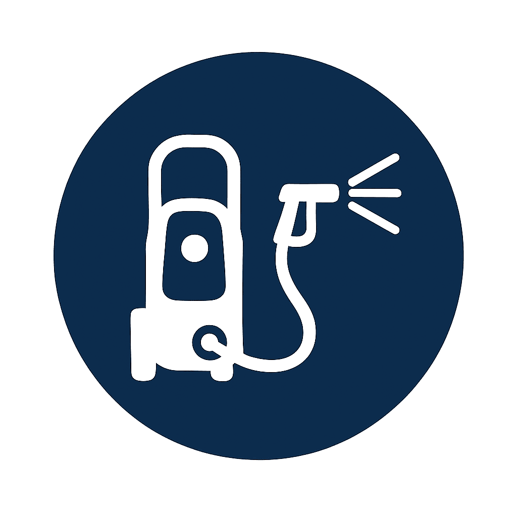 White icon of spray lines representing pressure washing services